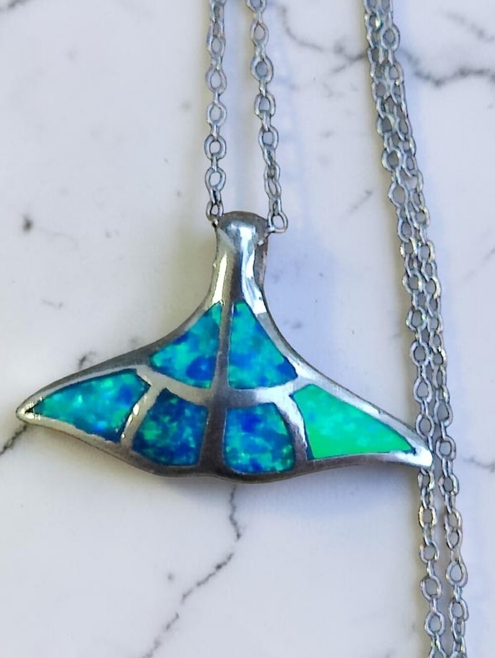Sterling Silver Blue Opal Mermaid Tail Pendant Necklace